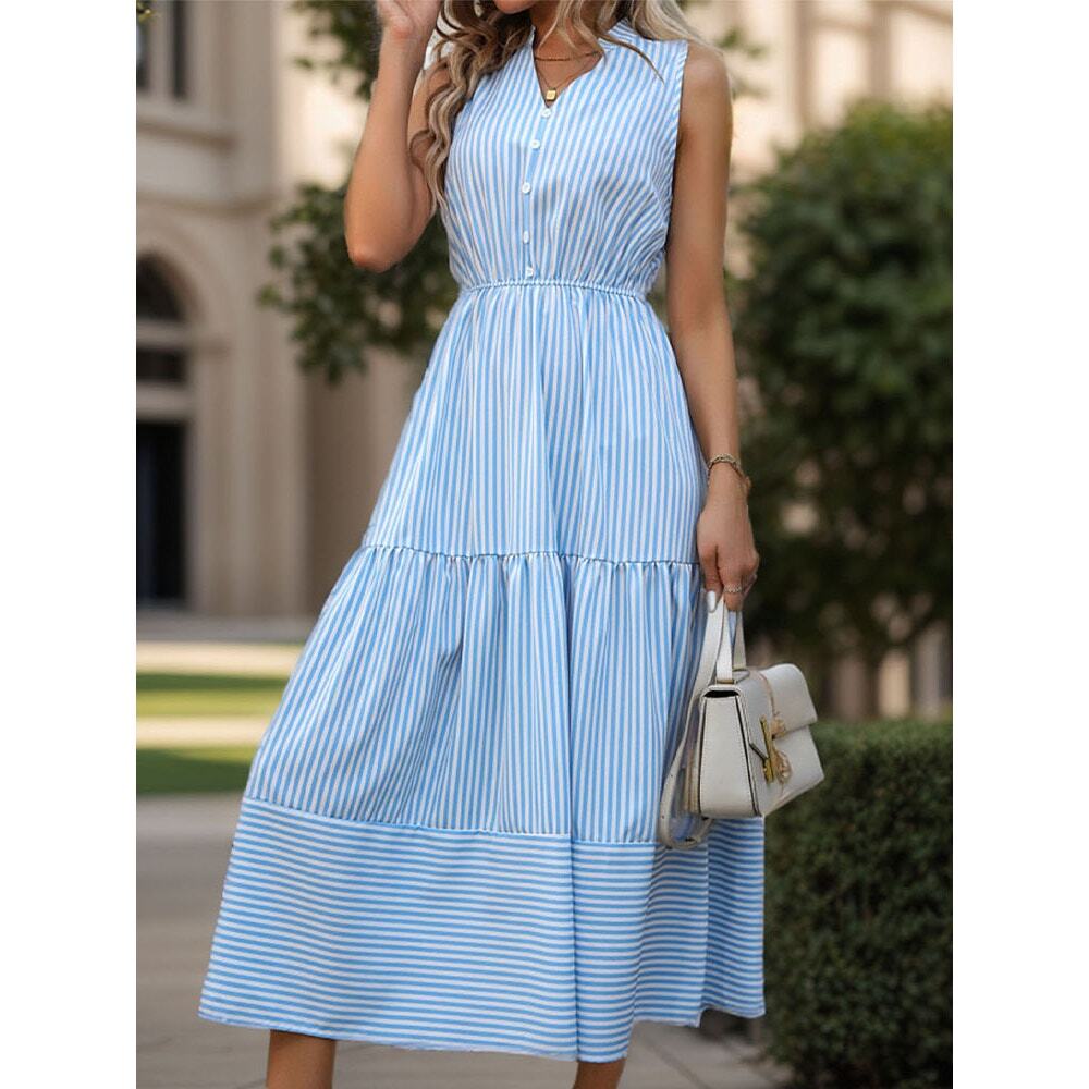 Blue Stripe Sleeveless Tiered V Neck Flowy Midi Dress Womens size L Boho‎ Long